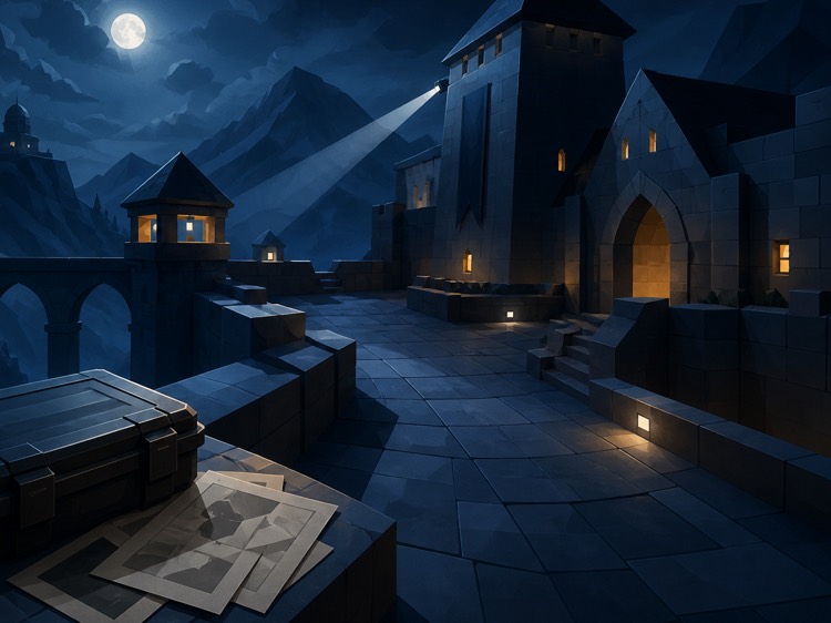 Original moonlit low-poly spy fortress illustration created for this independent guide